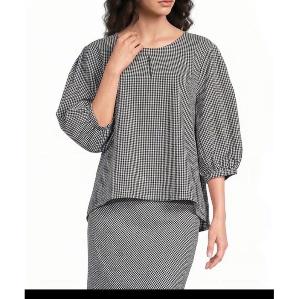 Bryn Walker Blouse Womens Large Black Check Round Neck 3/4 Puff Sleeve Tunic Top